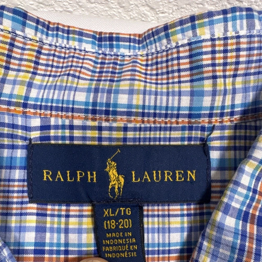 Ralph Lauren Mens XL 18-20 Blue Plaid Woven Cotton Button Front Shirt